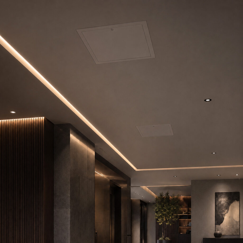 Premium aluminum access panel integrated into a modern architectural HVAC interior design.