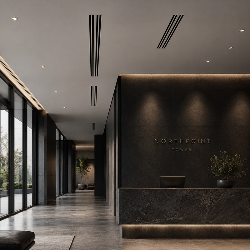 Aluminum linear slot diffuser integrated into a modern commercial HVAC ceiling system