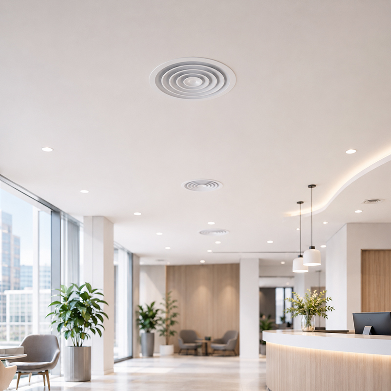 Round aluminum ceiling diffuser installed in a modern commercial interior