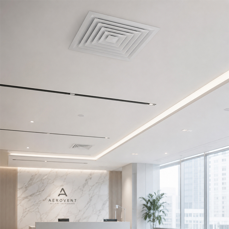 Square aluminum ceiling diffuser integrated into a modern HVAC ceiling design