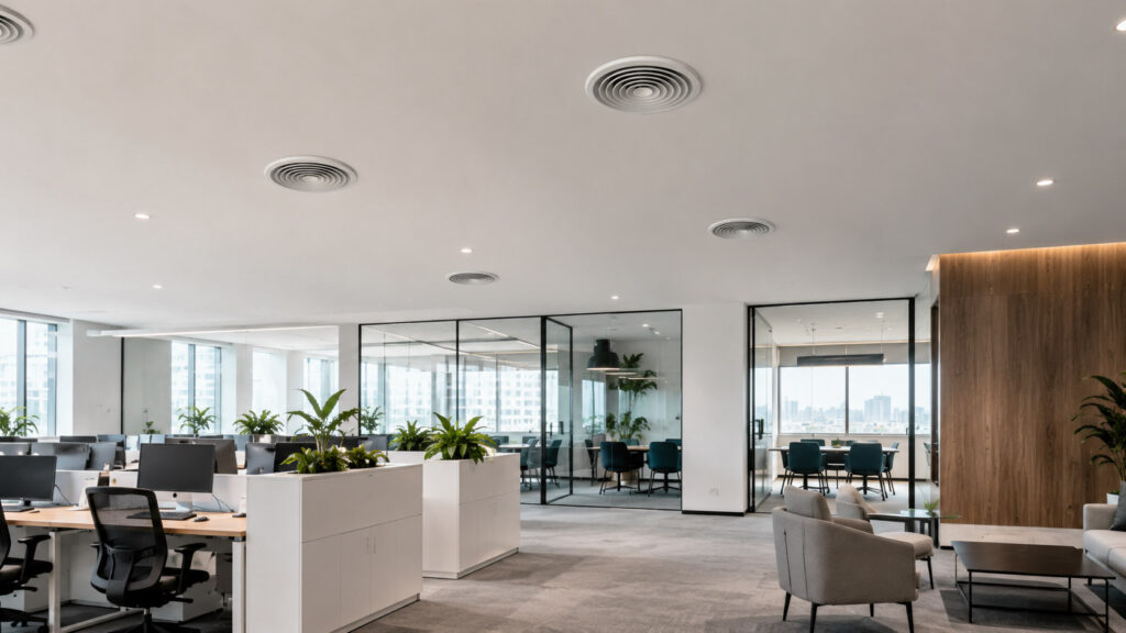 Round ceiling diffusers installed in a modern office ceiling