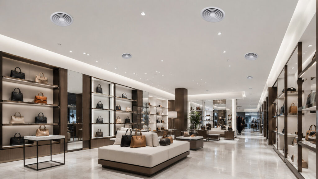 Round ceiling diffusers integrated into a modern retail store ceiling